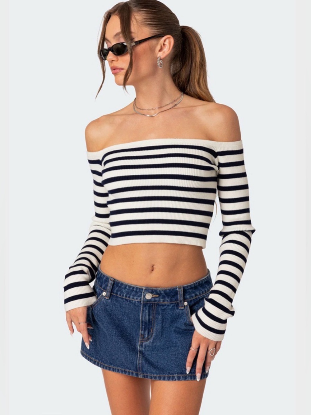 Edikted Striped Off-Shoulder Cropped Sweater - Navy & White